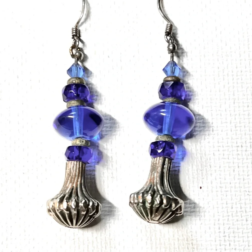 Cobalt Blue Glass & Silver-tone Beaded Pierced Earrings Handmade  2